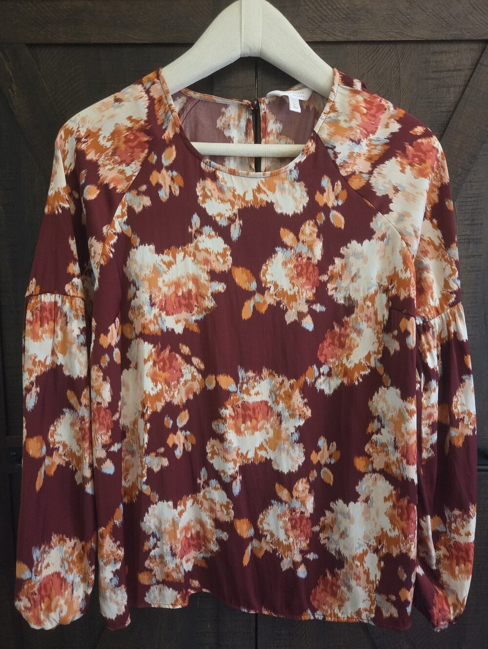 LC Lauren Conrad Burgundy Floral Long-Sleeve Blouse